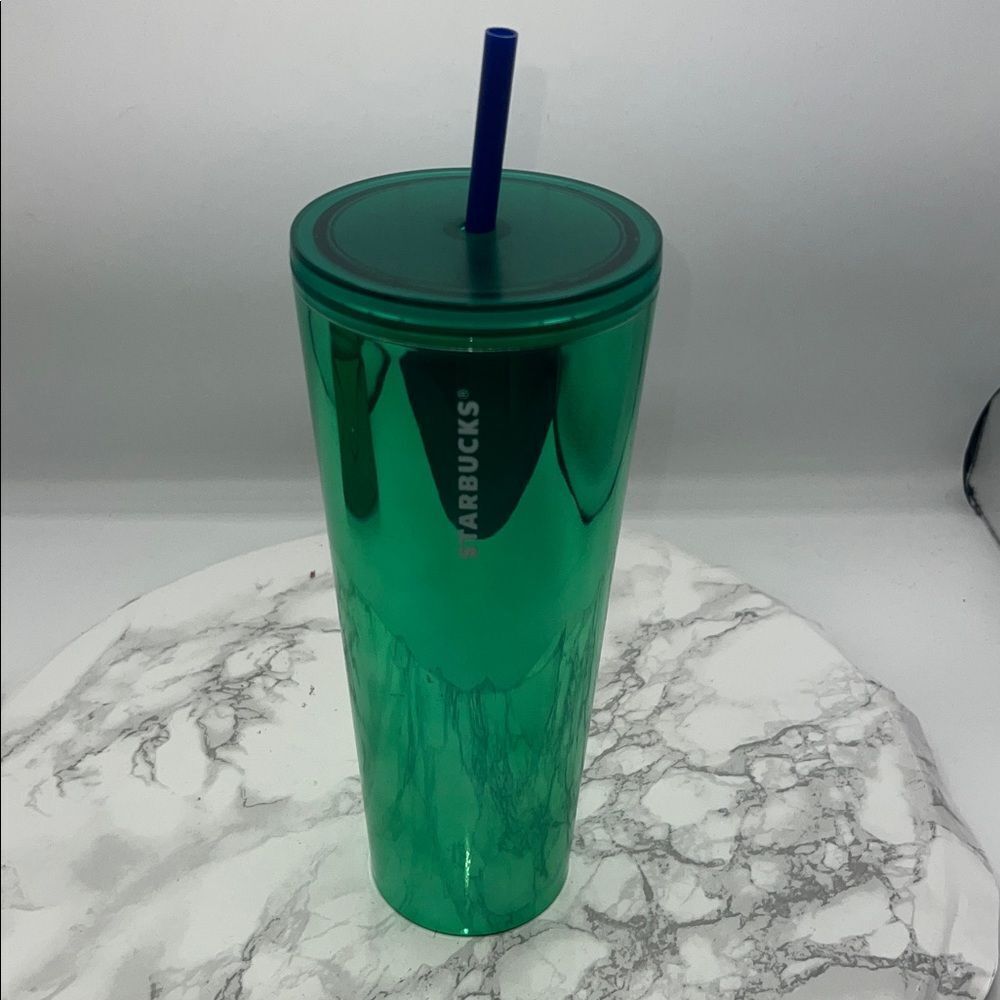 STARBUCKS Reflective Green 24 Oz Venti Cold Cup Tumbler with Lid and Straw